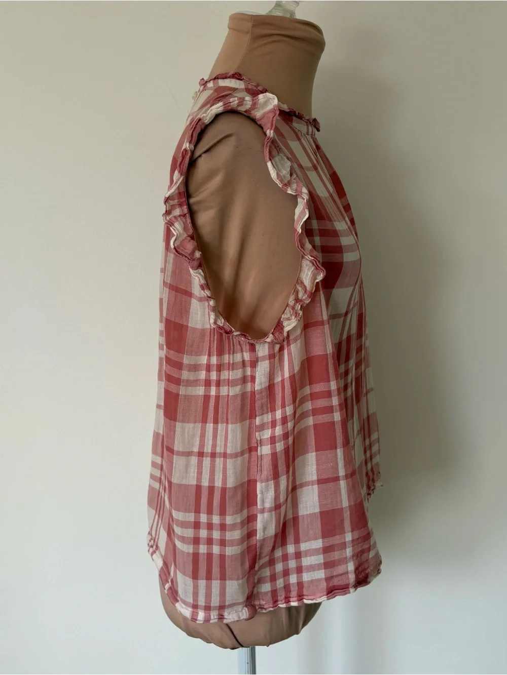 Anthropologie Isabella Sinclair Plaid Red Sheer Cotton Ruffle-Sleeve Top Sz M